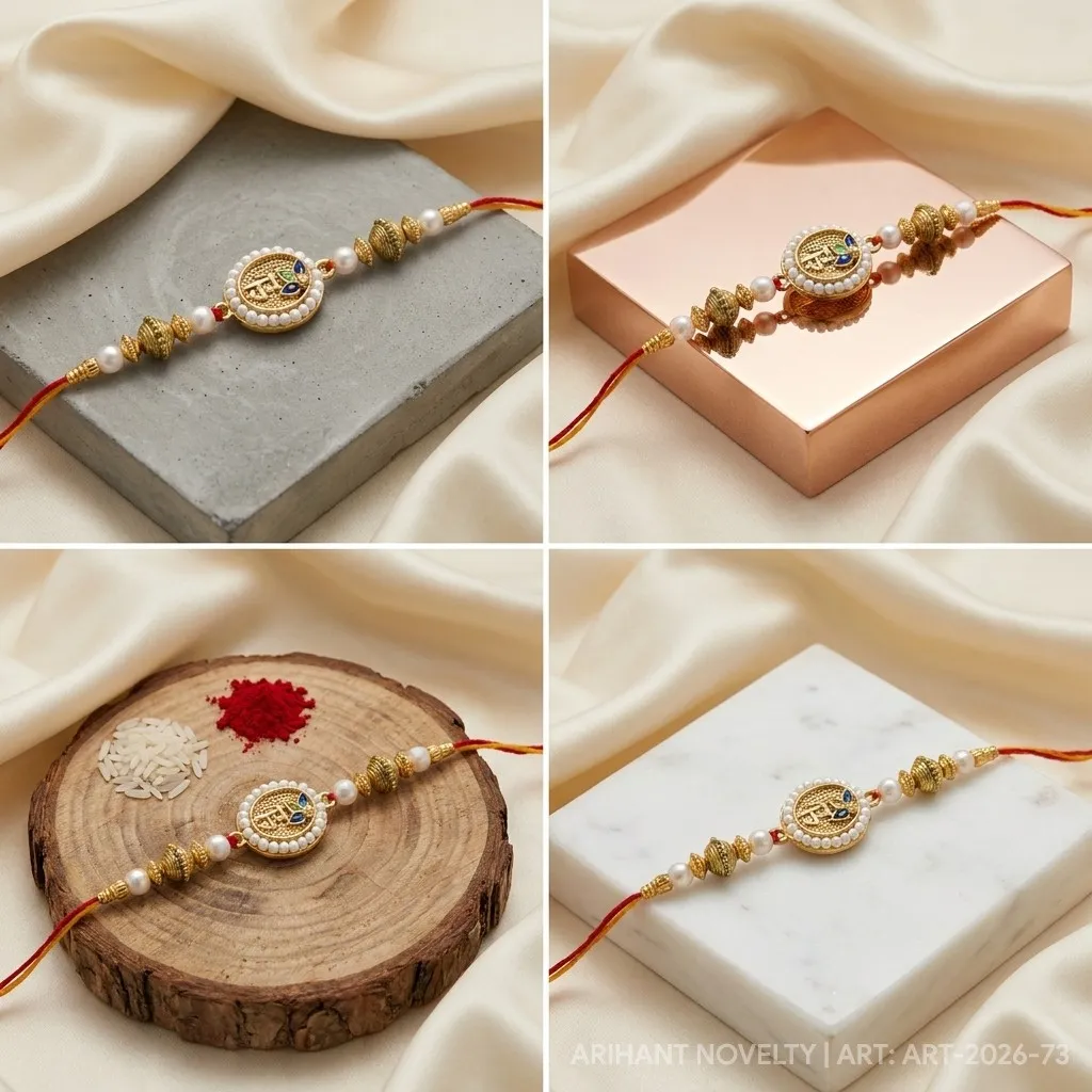 Gold Inscription Pearl Disc – handmade Traditional rakhi from Bikaner by Arihant Novelty