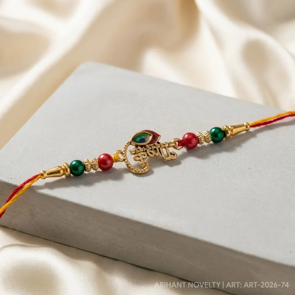 Krishna Script with Meenakari Feather – handmade Meenakari rakhi from Bikaner by Arihant Novelty