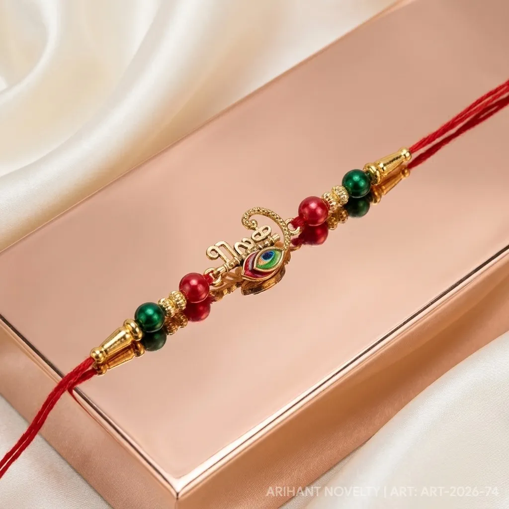 Krishna Script with Meenakari Feather – handmade Meenakari rakhi from Bikaner by Arihant Novelty