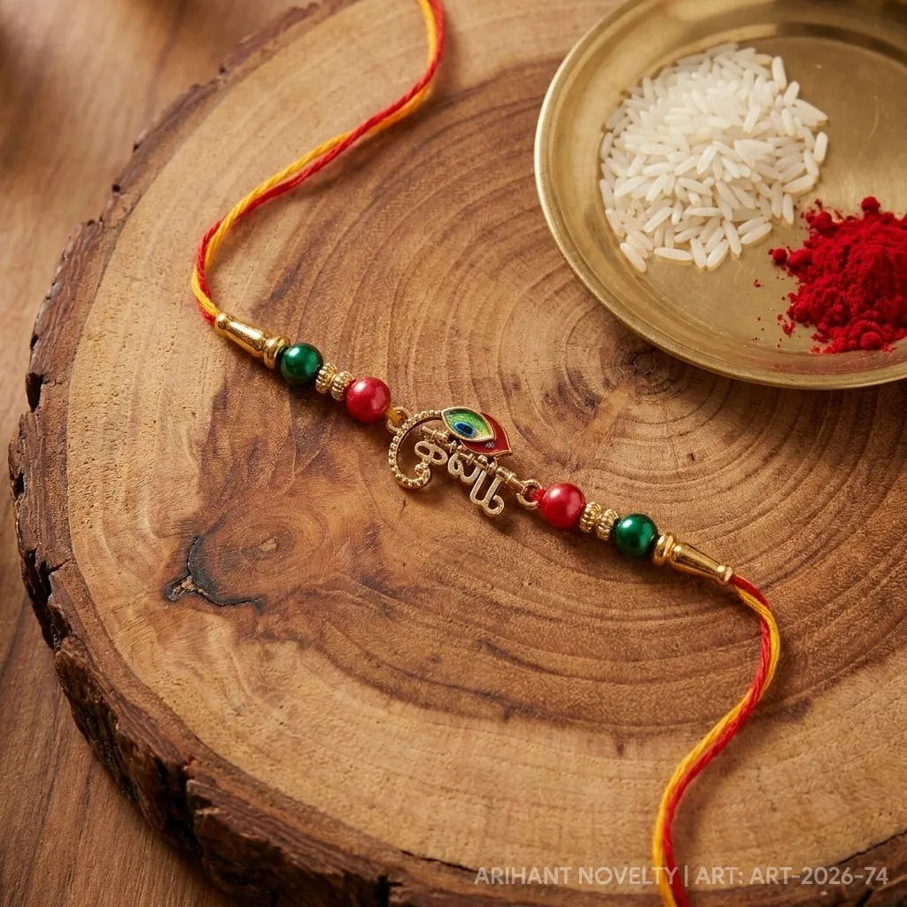 Krishna Script with Meenakari Feather – handmade Meenakari rakhi from Bikaner by Arihant Novelty