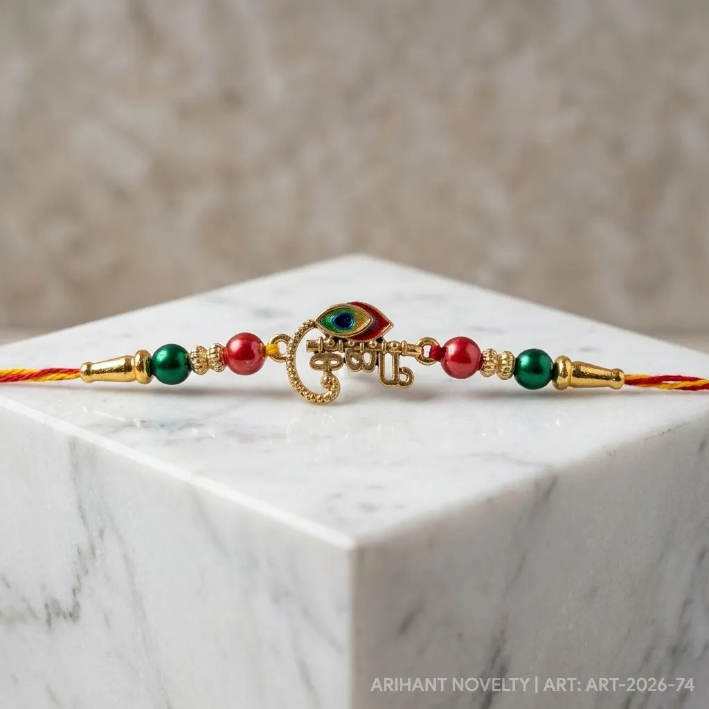 Krishna Script with Meenakari Feather – handmade Meenakari rakhi from Bikaner by Arihant Novelty