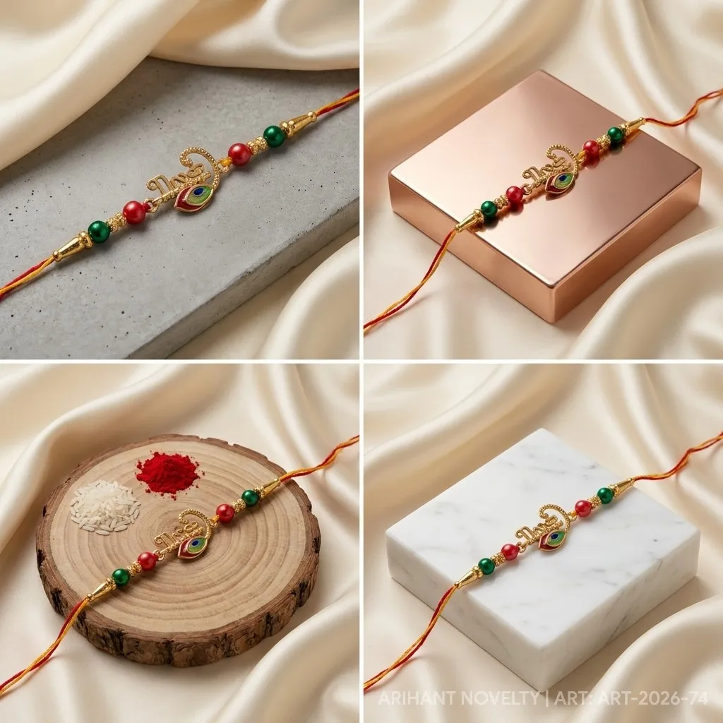 Krishna Script with Meenakari Feather – handmade Meenakari rakhi from Bikaner by Arihant Novelty