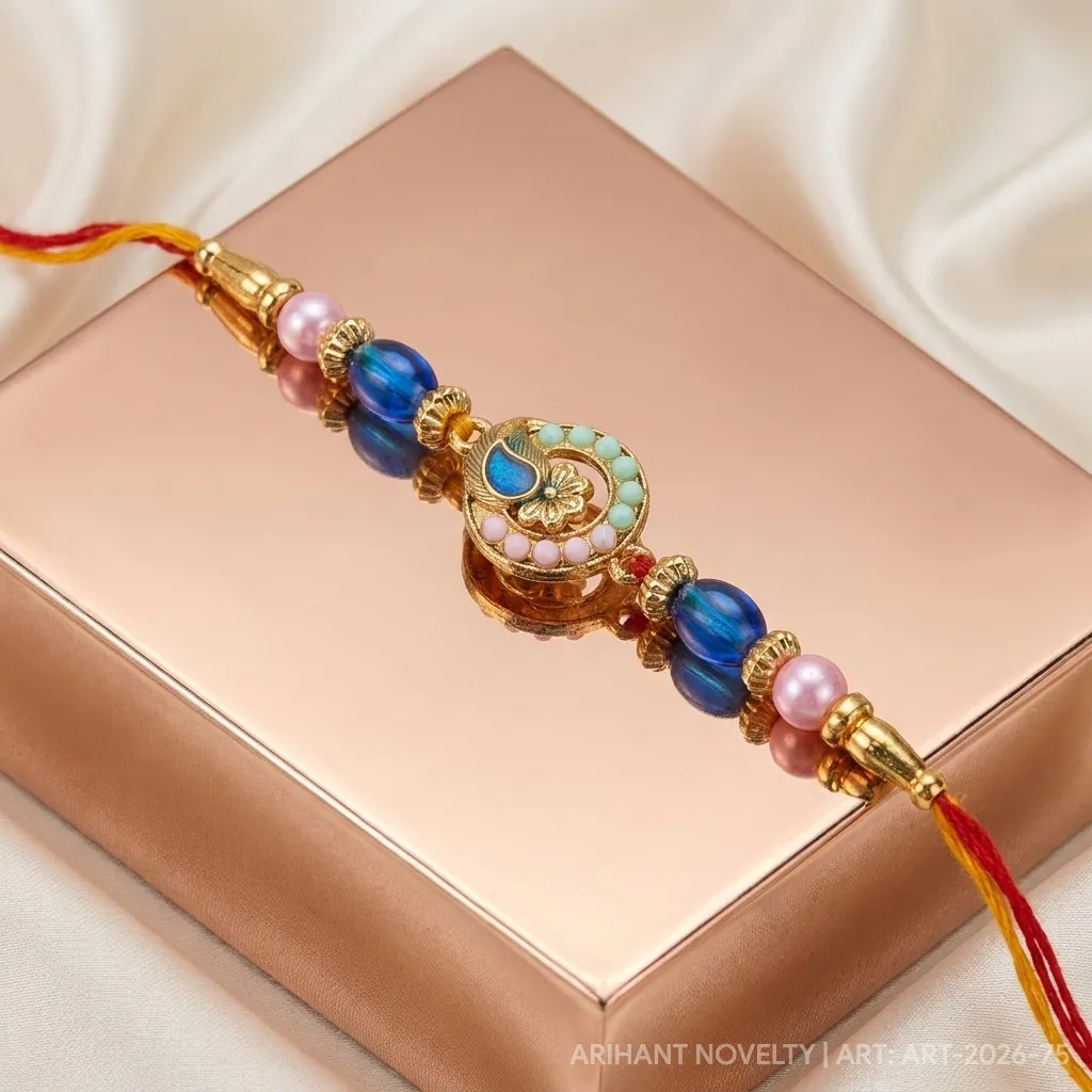 Blue Peacock Circle with Pink Beads – handmade Meenakari rakhi from Bikaner by Arihant Novelty