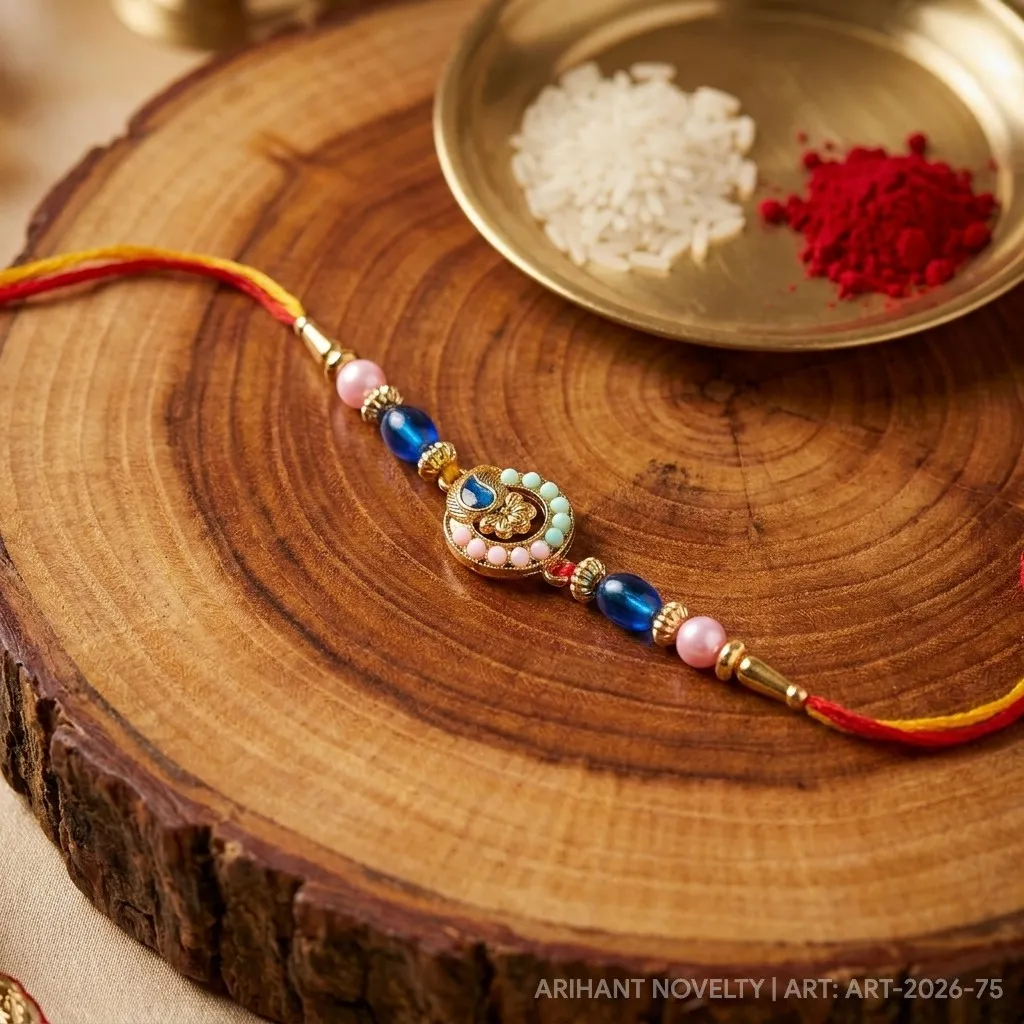 Blue Peacock Circle with Pink Beads – handmade Meenakari rakhi from Bikaner by Arihant Novelty