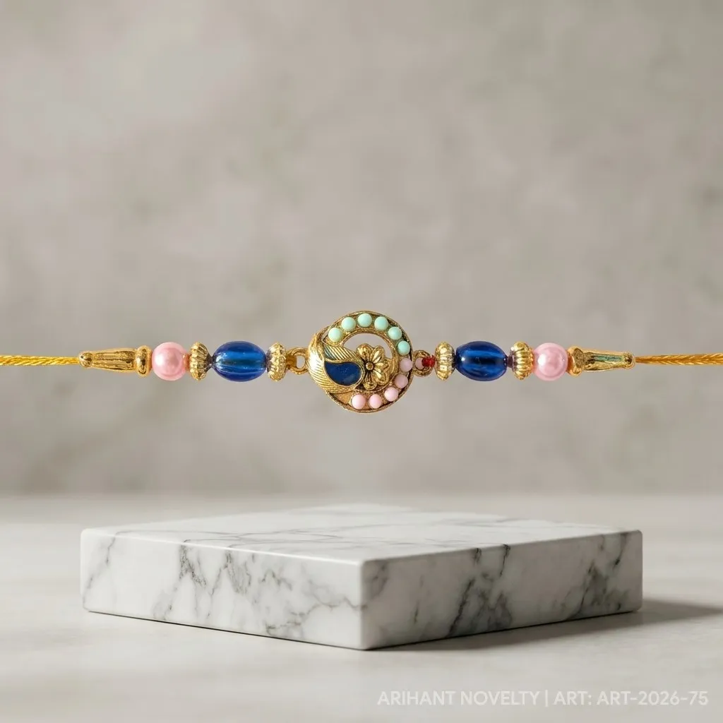 Blue Peacock Circle with Pink Beads – handmade Meenakari rakhi from Bikaner by Arihant Novelty