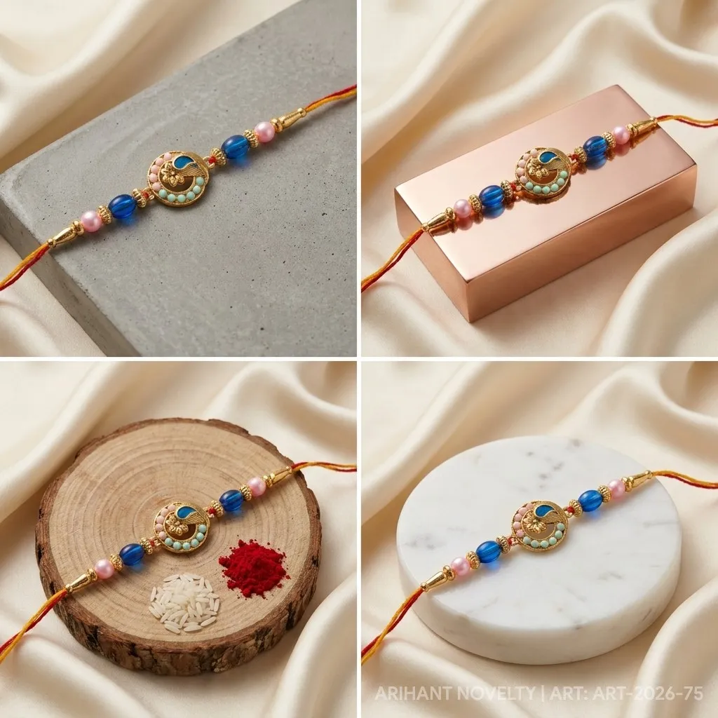 Blue Peacock Circle with Pink Beads – handmade Meenakari rakhi from Bikaner by Arihant Novelty