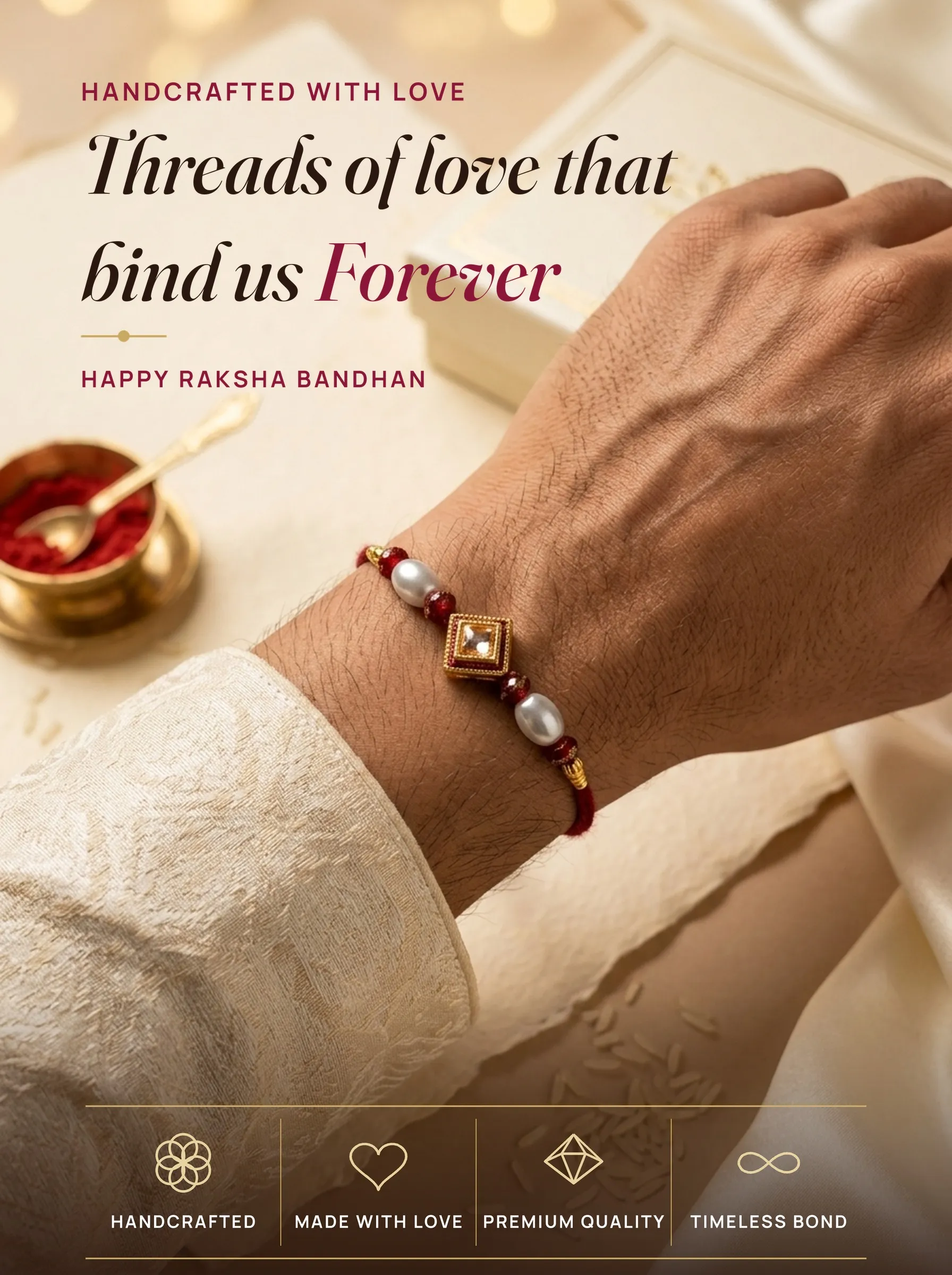 Diamond Kundan with Champagne Stone – handmade Kundan rakhi from Bikaner by Arihant Novelty