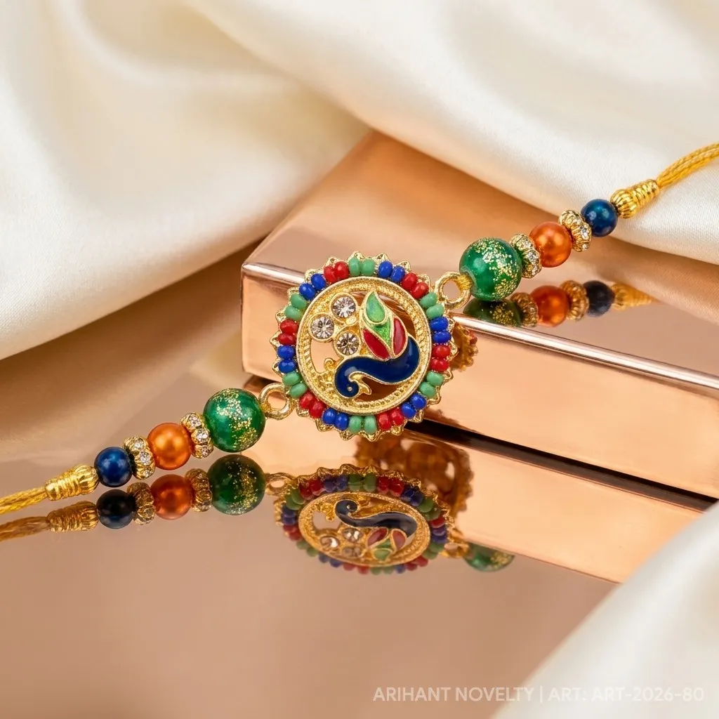 Grand Meenakari Peacock Disc – handmade Meenakari rakhi from Bikaner by Arihant Novelty