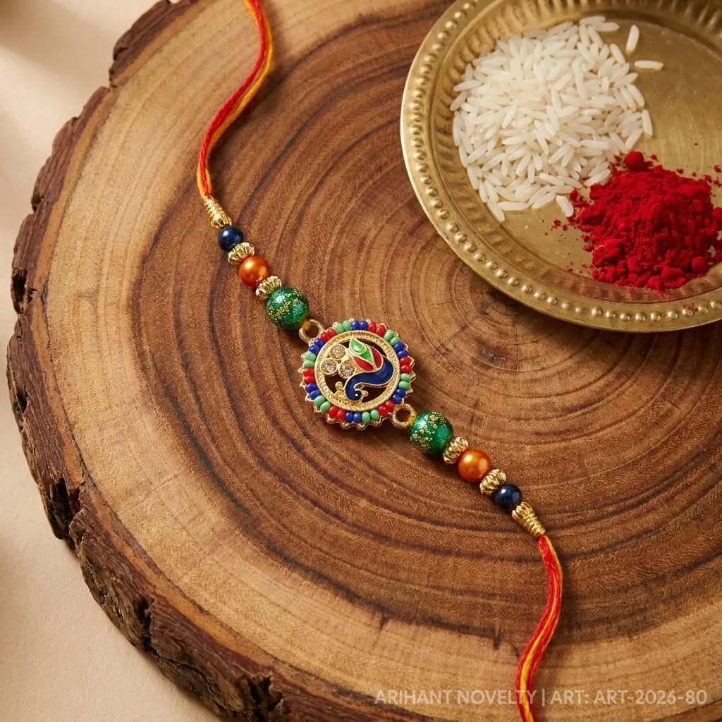 Grand Meenakari Peacock Disc – handmade Meenakari rakhi from Bikaner by Arihant Novelty