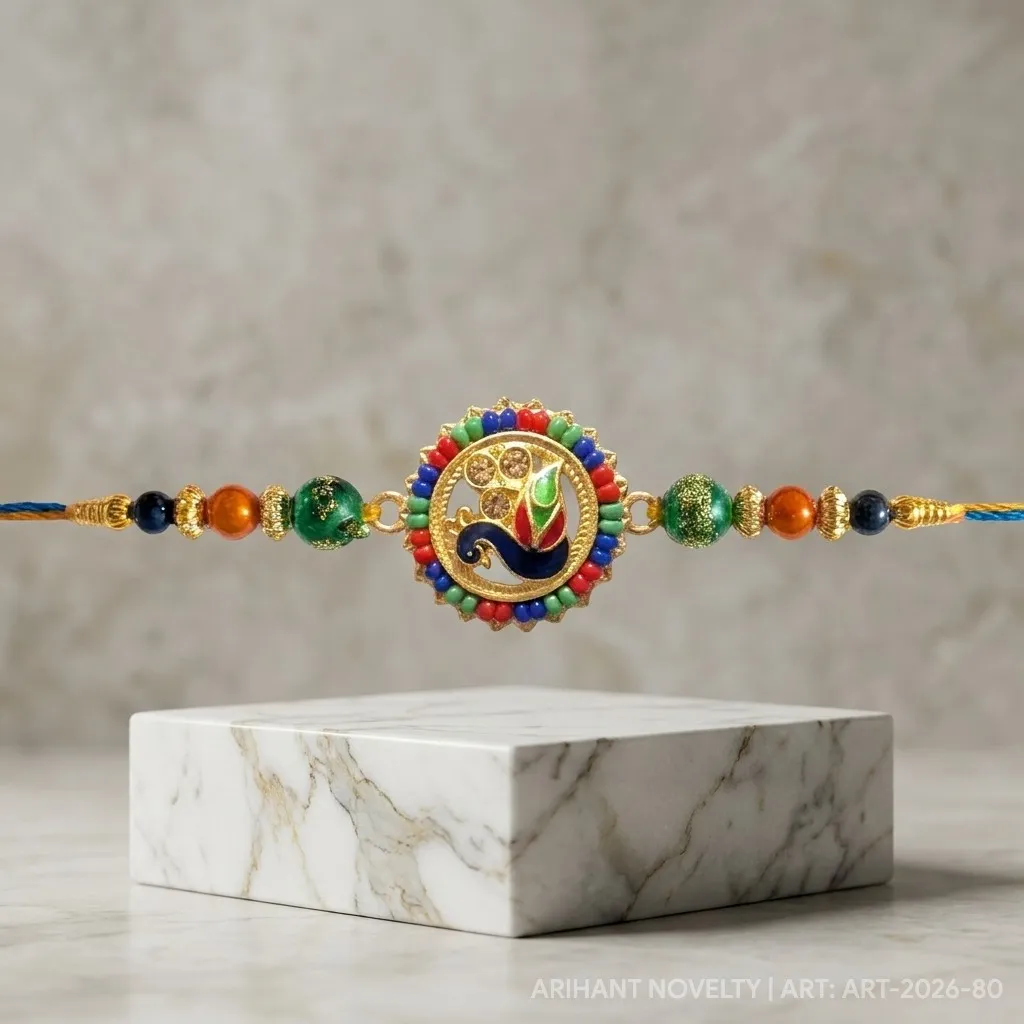 Grand Meenakari Peacock Disc – handmade Meenakari rakhi from Bikaner by Arihant Novelty