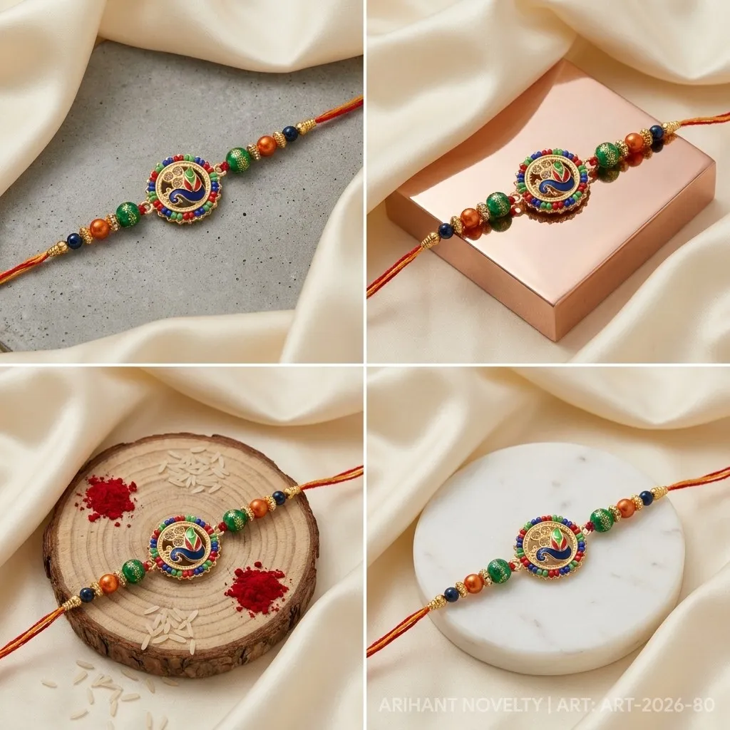 Grand Meenakari Peacock Disc – handmade Meenakari rakhi from Bikaner by Arihant Novelty