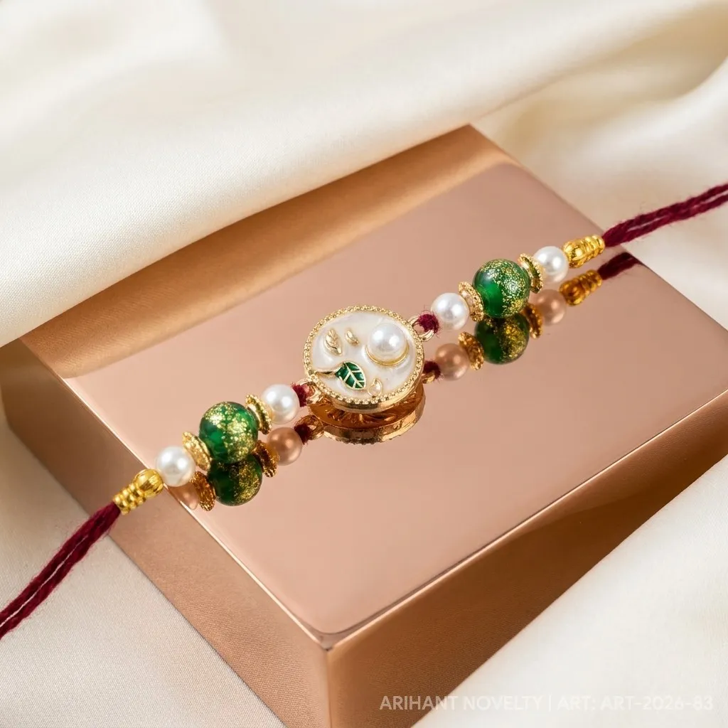 Green Shimmer Petal Pearl – handmade Traditional rakhi from Bikaner by Arihant Novelty