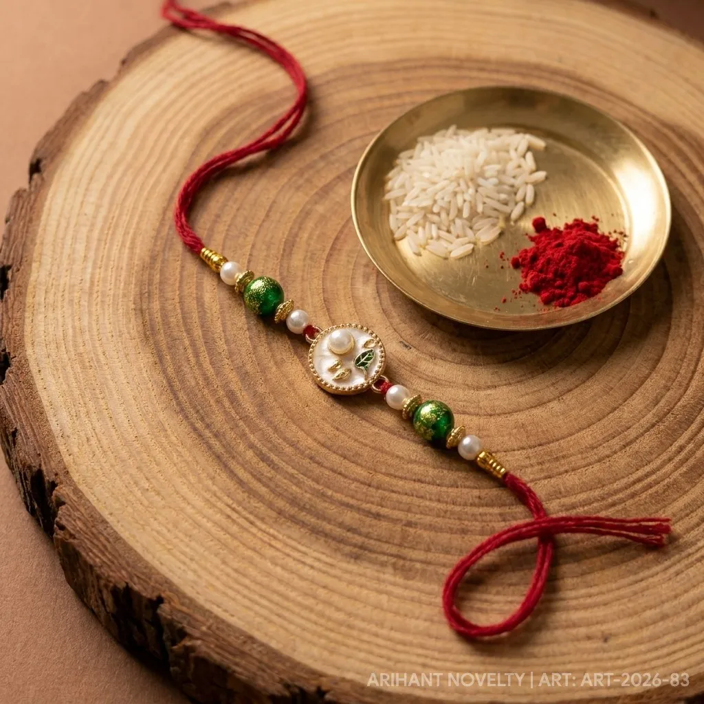 Green Shimmer Petal Pearl – handmade Traditional rakhi from Bikaner by Arihant Novelty