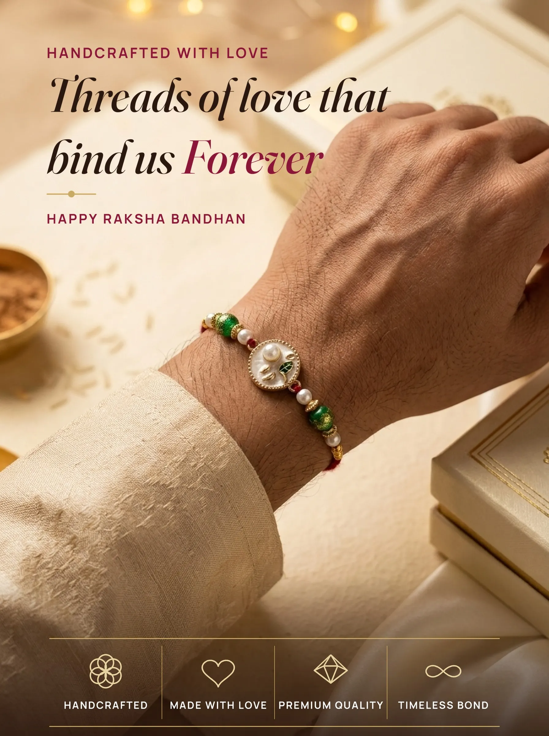 Green Shimmer Petal Pearl – handmade Traditional rakhi from Bikaner by Arihant Novelty