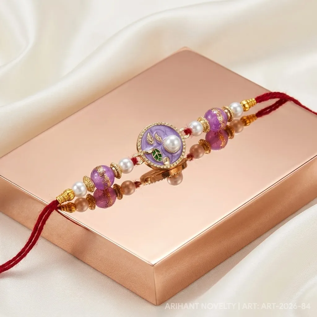 Lavender Shimmer Pearl Rakhi – handmade Traditional rakhi from Bikaner by Arihant Novelty