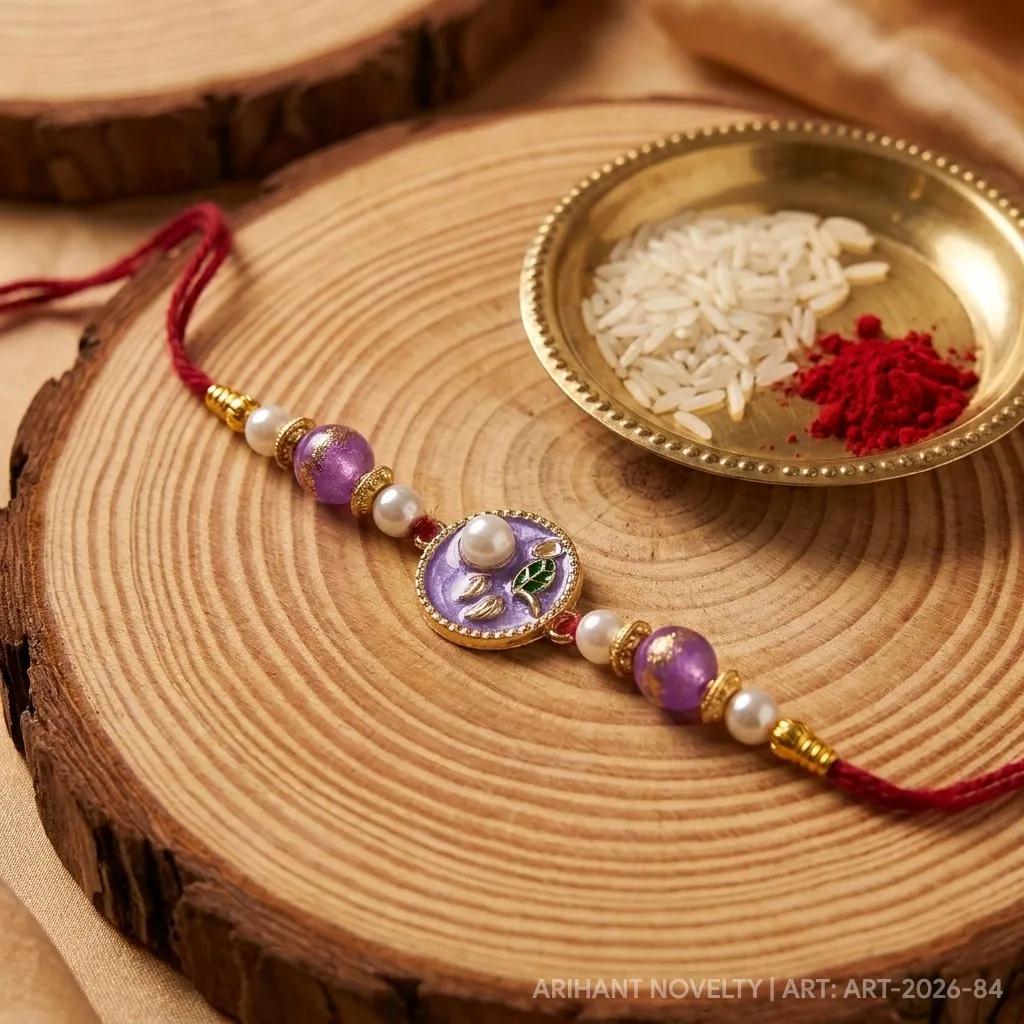Lavender Shimmer Pearl Rakhi – handmade Traditional rakhi from Bikaner by Arihant Novelty