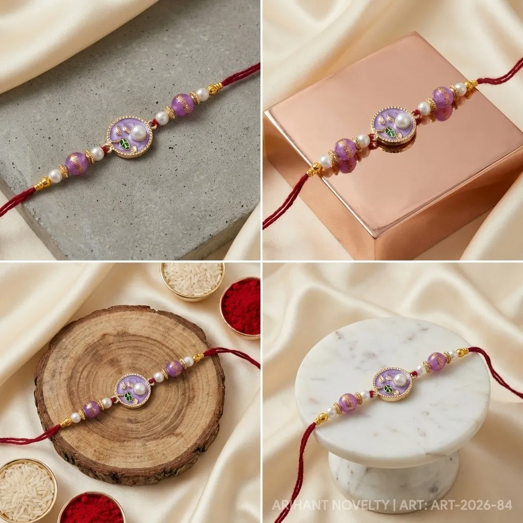 Lavender Shimmer Pearl Rakhi – handmade Traditional rakhi from Bikaner by Arihant Novelty