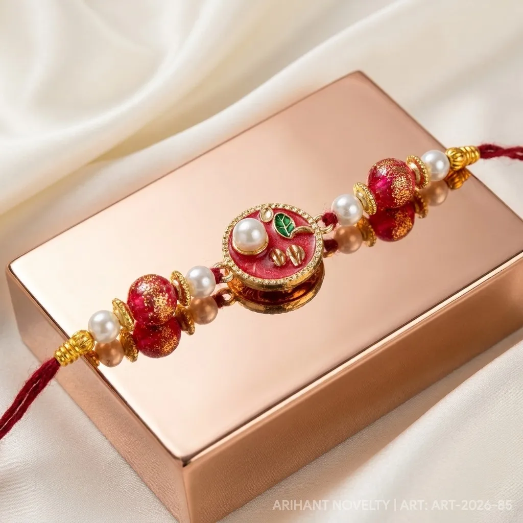 Rose Shimmer Pearl Blossom – handmade Traditional rakhi from Bikaner by Arihant Novelty