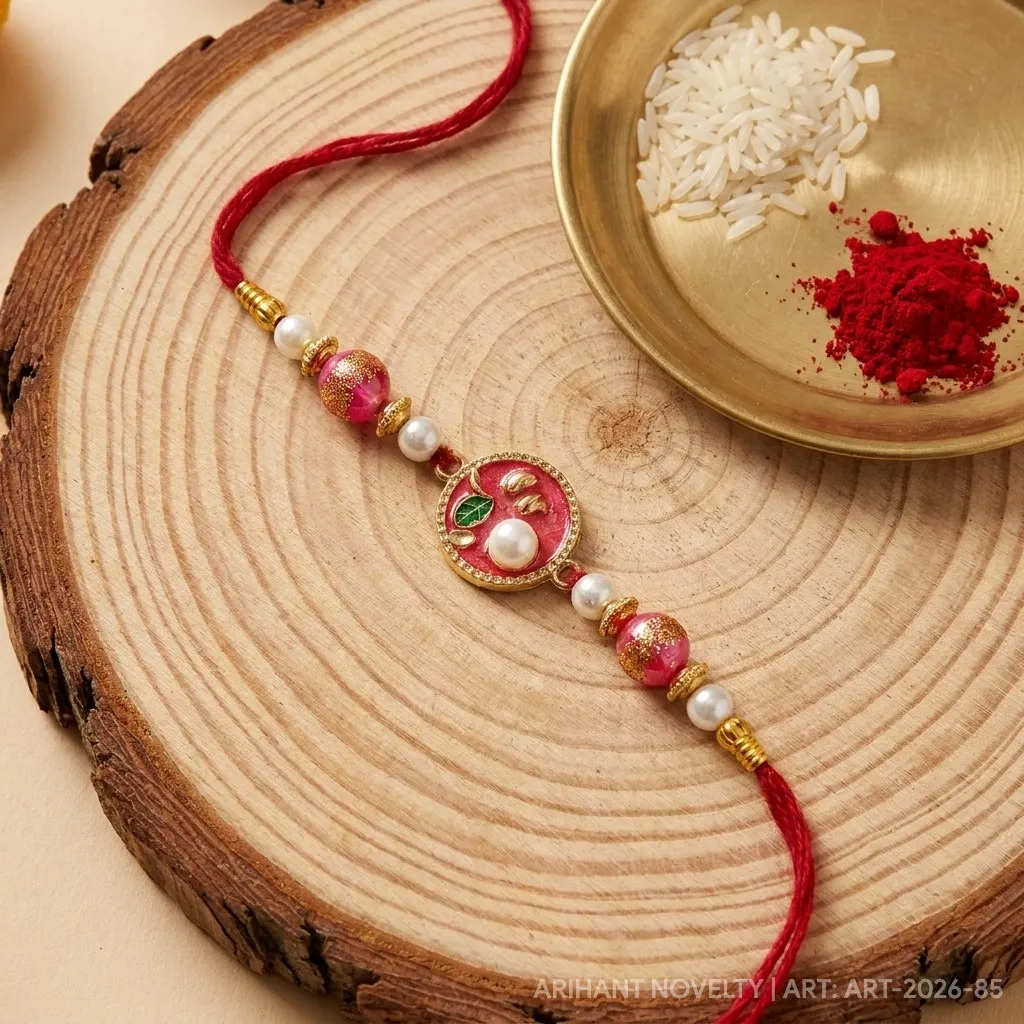 Rose Shimmer Pearl Blossom – handmade Traditional rakhi from Bikaner by Arihant Novelty