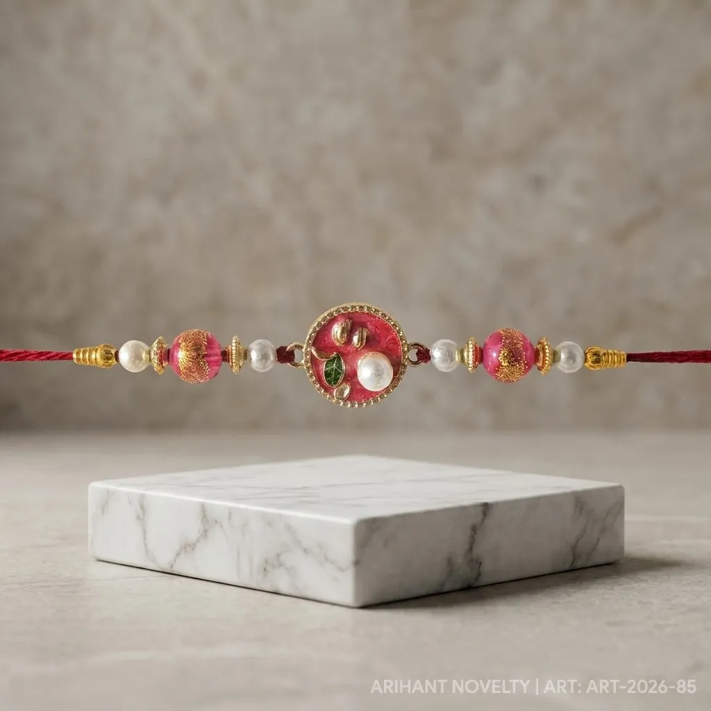 Rose Shimmer Pearl Blossom – handmade Traditional rakhi from Bikaner by Arihant Novelty