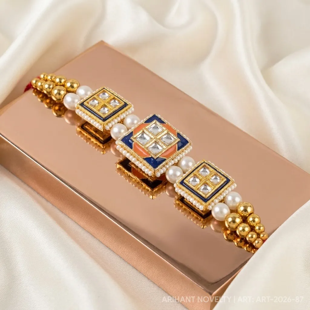 Triple Kundan Square Band – handmade Statement rakhi from Bikaner by Arihant Novelty