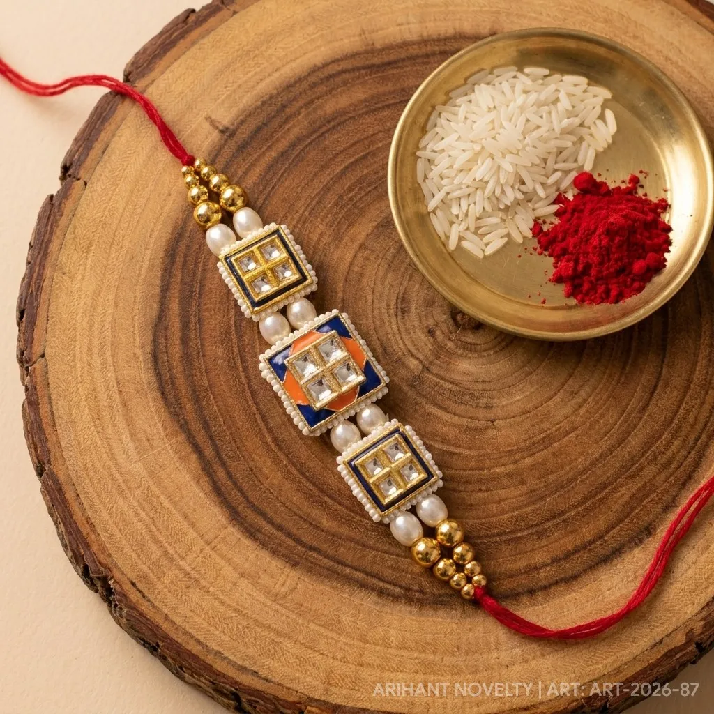Triple Kundan Square Band – handmade Statement rakhi from Bikaner by Arihant Novelty