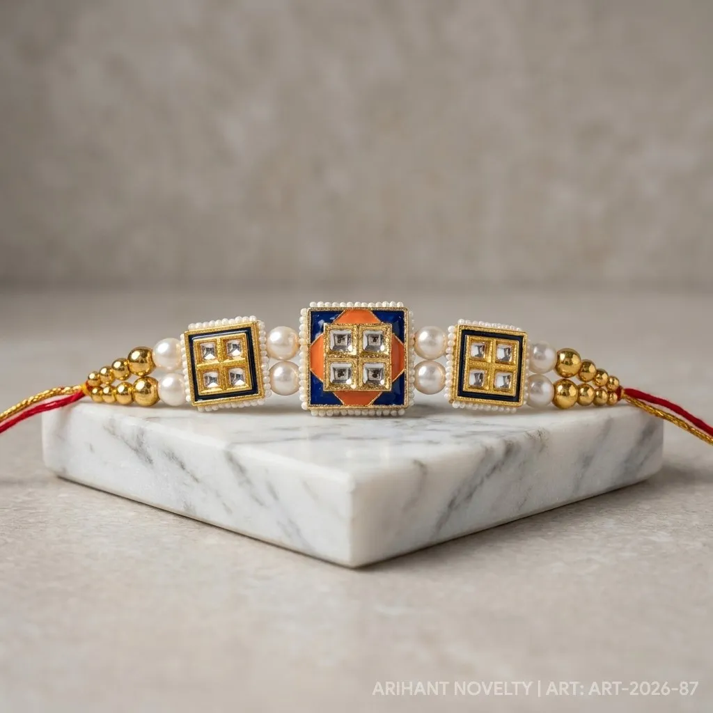Triple Kundan Square Band – handmade Statement rakhi from Bikaner by Arihant Novelty