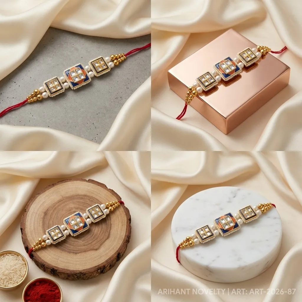 Triple Kundan Square Band – handmade Statement rakhi from Bikaner by Arihant Novelty