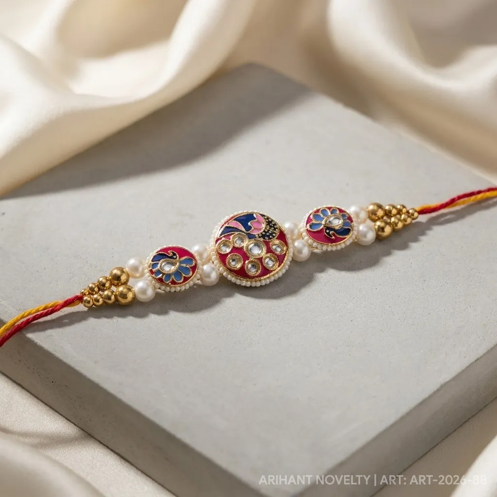 Pink Peacock Meenakari Triple – handmade Statement rakhi from Bikaner by Arihant Novelty