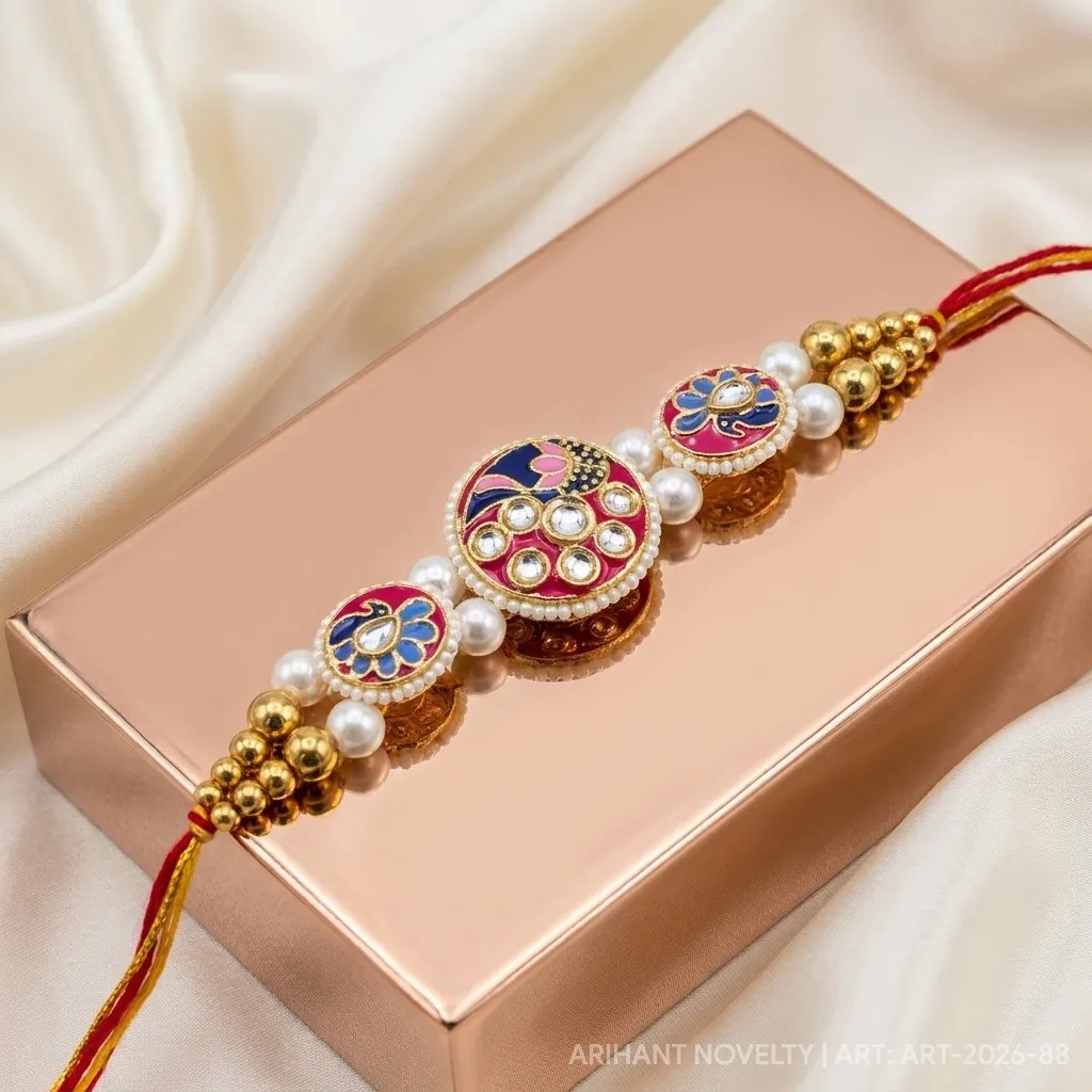 Pink Peacock Meenakari Triple – handmade Statement rakhi from Bikaner by Arihant Novelty