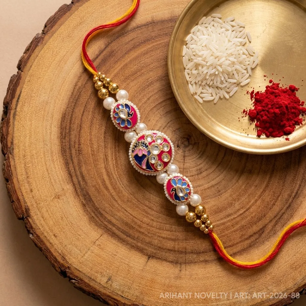 Pink Peacock Meenakari Triple – handmade Statement rakhi from Bikaner by Arihant Novelty