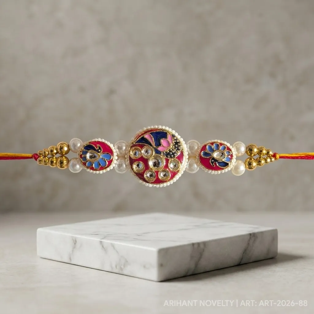 Pink Peacock Meenakari Triple – handmade Statement rakhi from Bikaner by Arihant Novelty