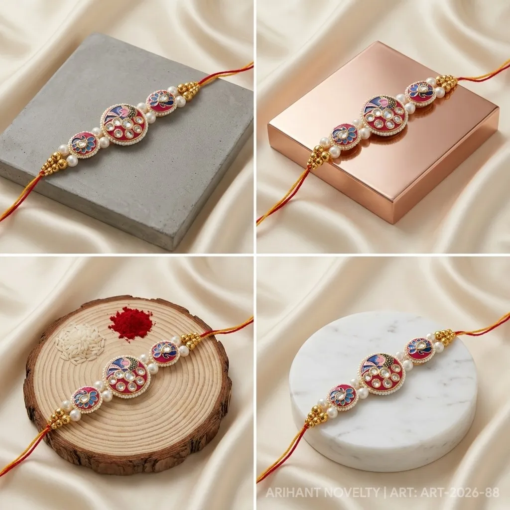 Pink Peacock Meenakari Triple – handmade Statement rakhi from Bikaner by Arihant Novelty