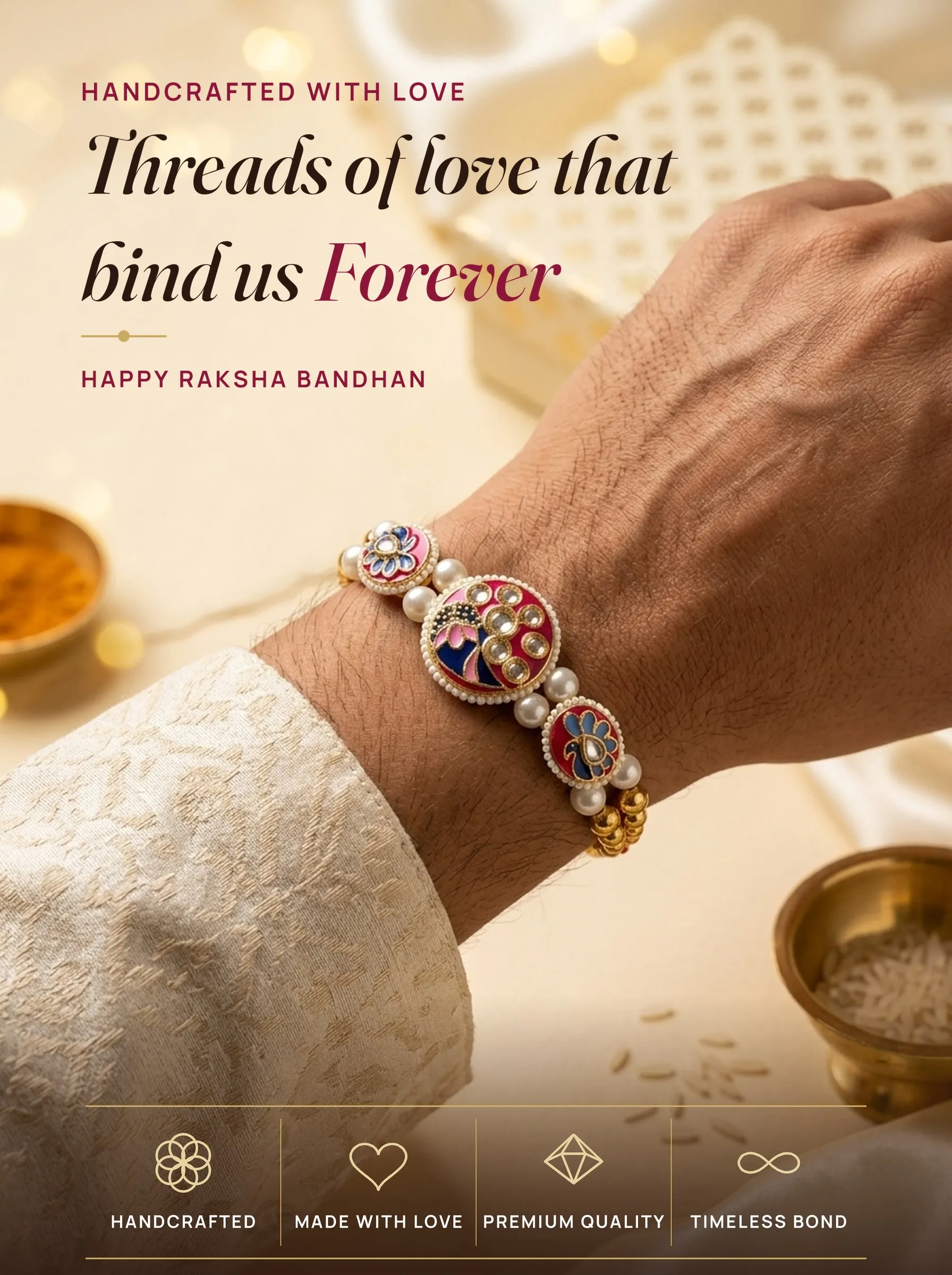 Pink Peacock Meenakari Triple – handmade Statement rakhi from Bikaner by Arihant Novelty