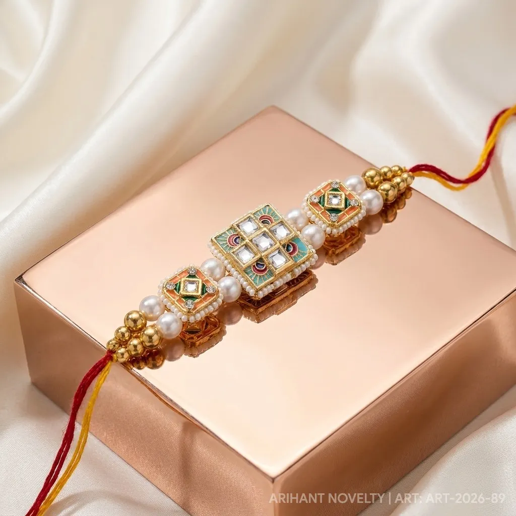 Triple Meenakari Kundan Square – handmade Statement rakhi from Bikaner by Arihant Novelty