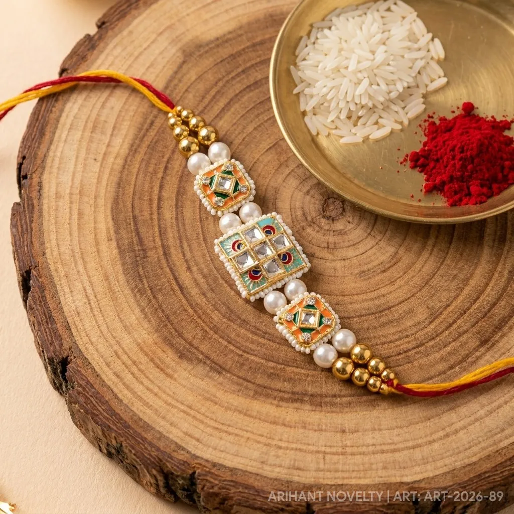 Triple Meenakari Kundan Square – handmade Statement rakhi from Bikaner by Arihant Novelty