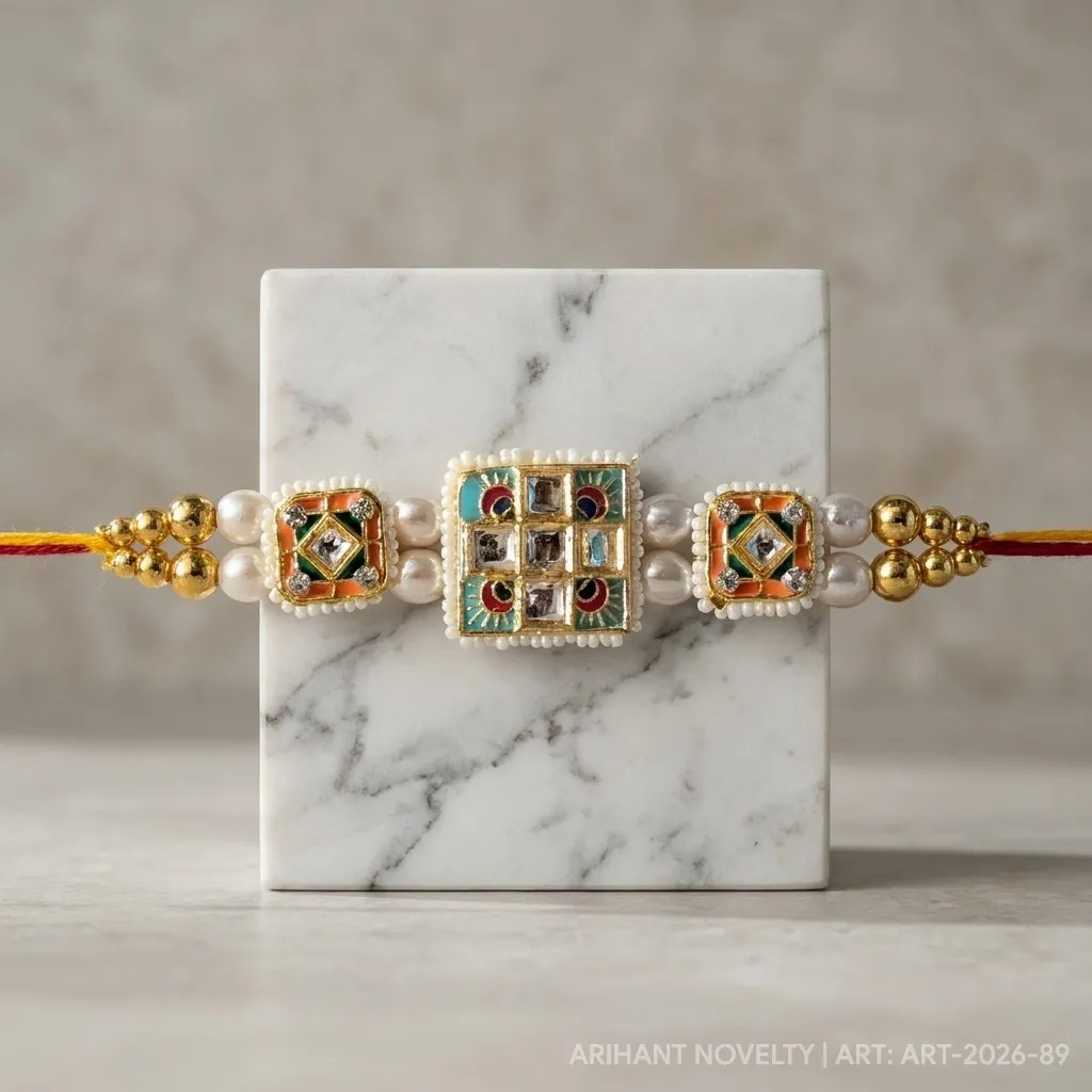 Triple Meenakari Kundan Square – handmade Statement rakhi from Bikaner by Arihant Novelty