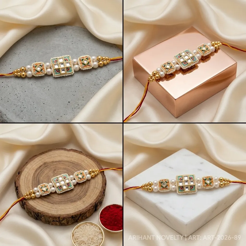Triple Meenakari Kundan Square – handmade Statement rakhi from Bikaner by Arihant Novelty