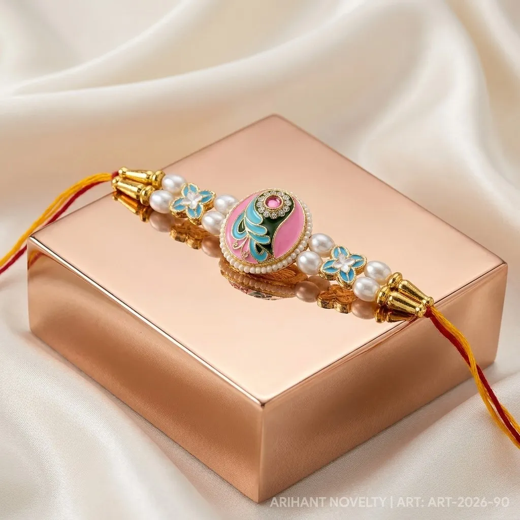 Pink Oval Peacock Meenakari – handmade Meenakari rakhi from Bikaner by Arihant Novelty