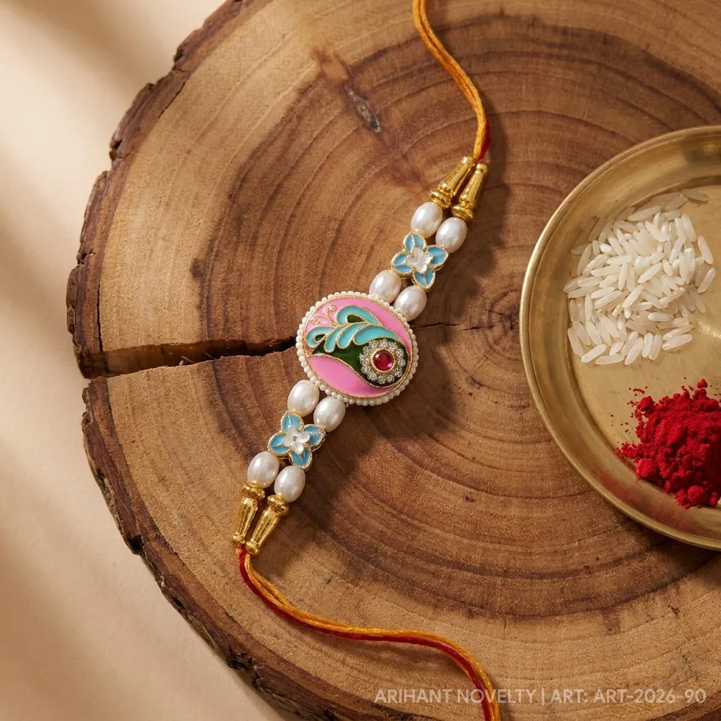 Pink Oval Peacock Meenakari – handmade Meenakari rakhi from Bikaner by Arihant Novelty