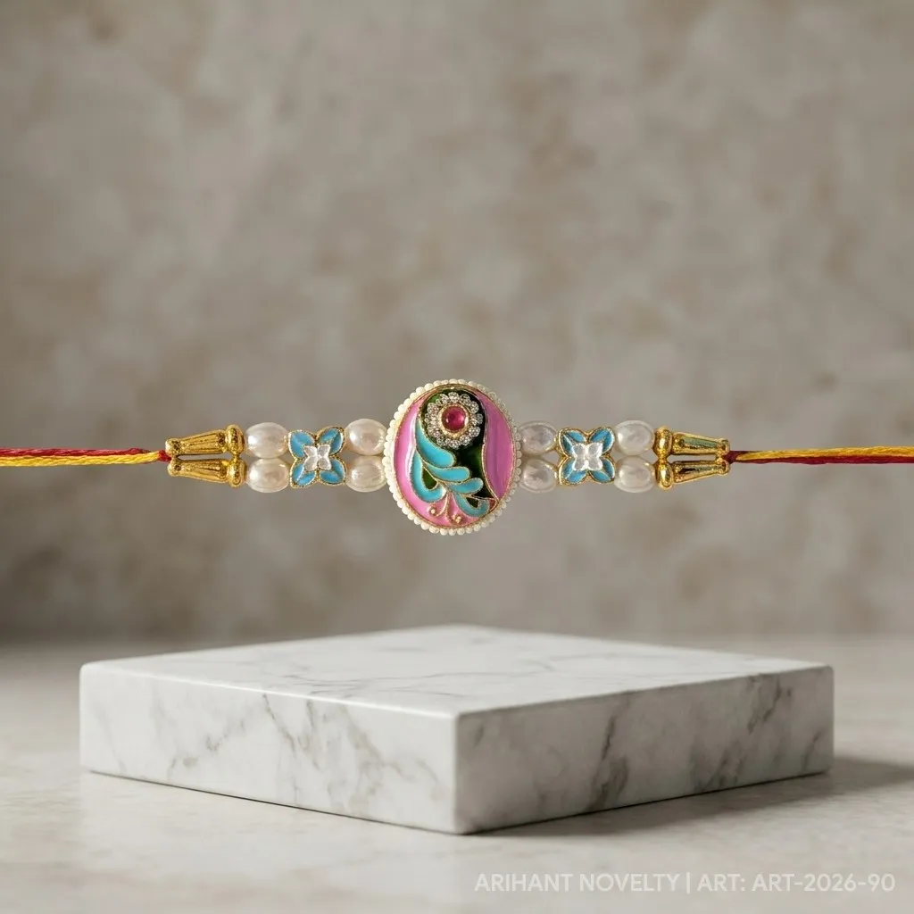 Pink Oval Peacock Meenakari – handmade Meenakari rakhi from Bikaner by Arihant Novelty