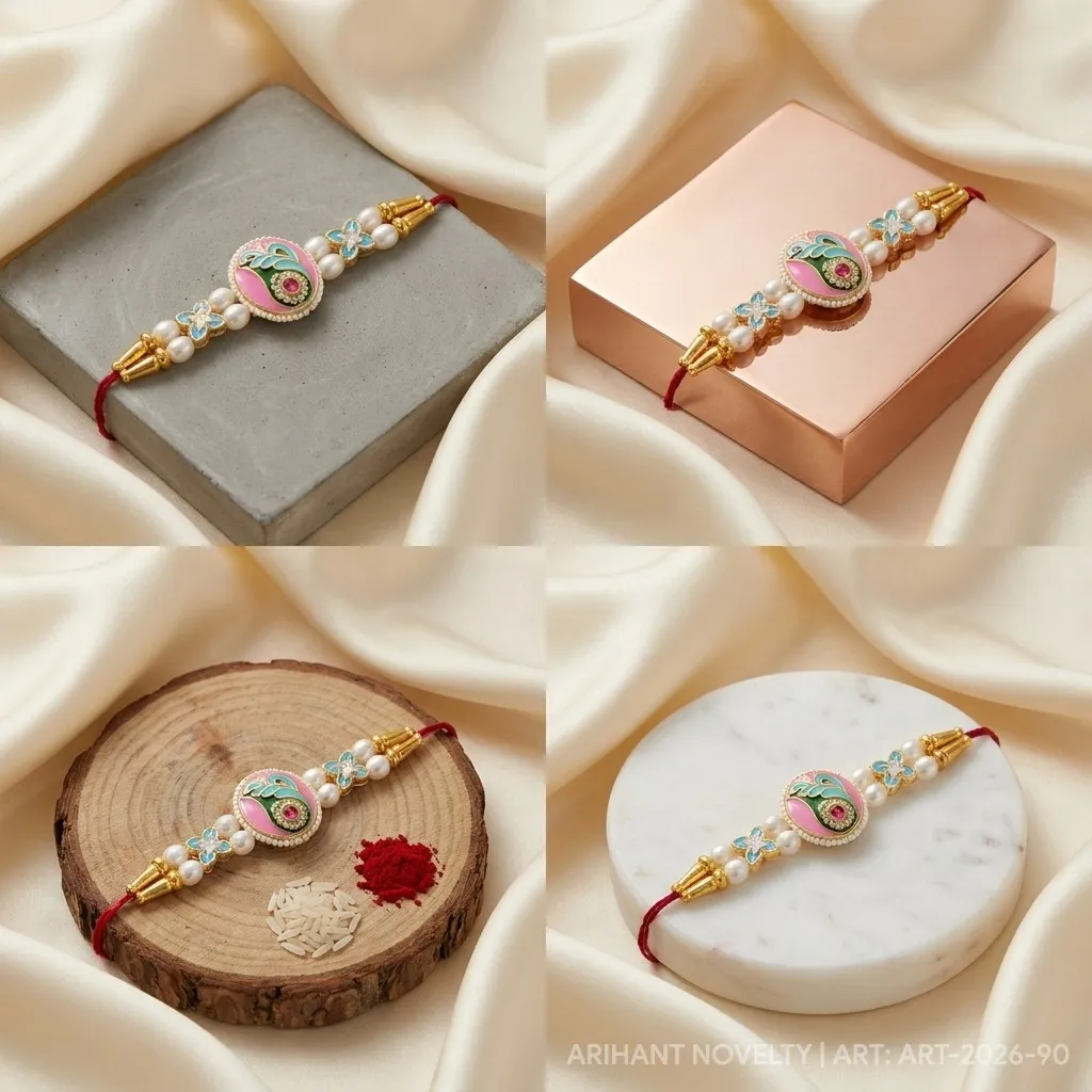 Pink Oval Peacock Meenakari – handmade Meenakari rakhi from Bikaner by Arihant Novelty