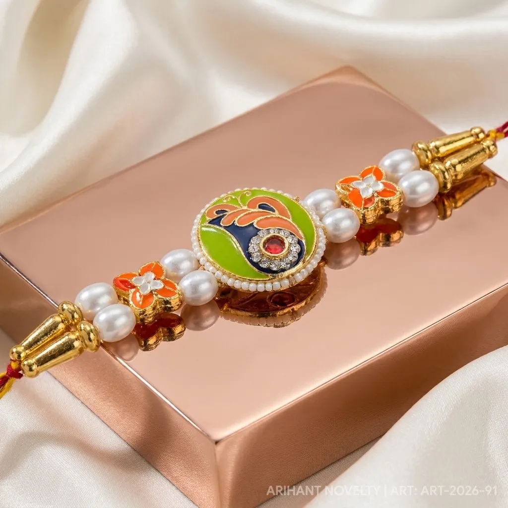 Orange & Green Oval Meenakari – handmade Meenakari rakhi from Bikaner by Arihant Novelty