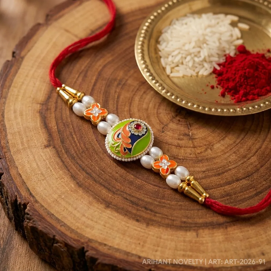 Orange & Green Oval Meenakari – handmade Meenakari rakhi from Bikaner by Arihant Novelty
