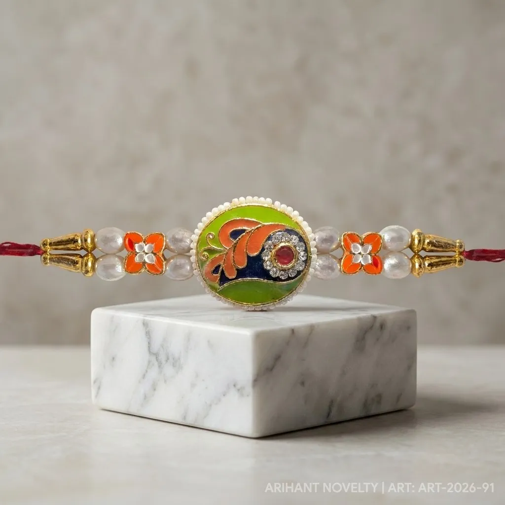 Orange & Green Oval Meenakari – handmade Meenakari rakhi from Bikaner by Arihant Novelty