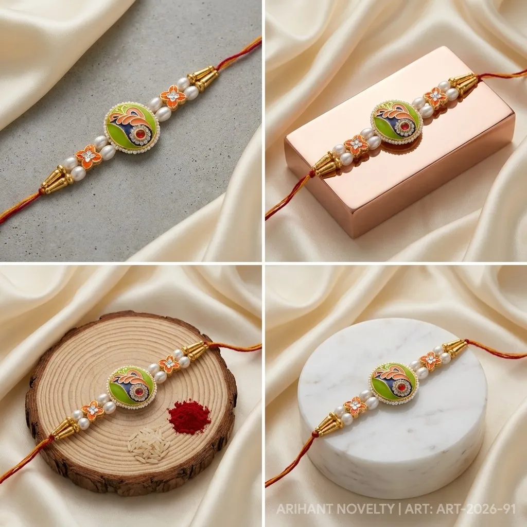 Orange & Green Oval Meenakari – handmade Meenakari rakhi from Bikaner by Arihant Novelty