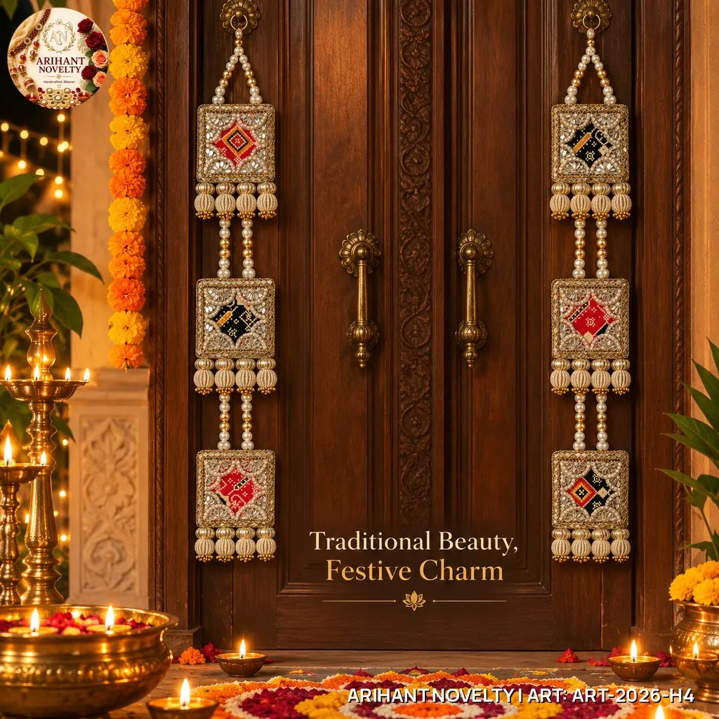 Reversible Three-Tier Square Medallion Hanging Pair – handmade Hangings rakhi from Bikaner by Arihant Novelty