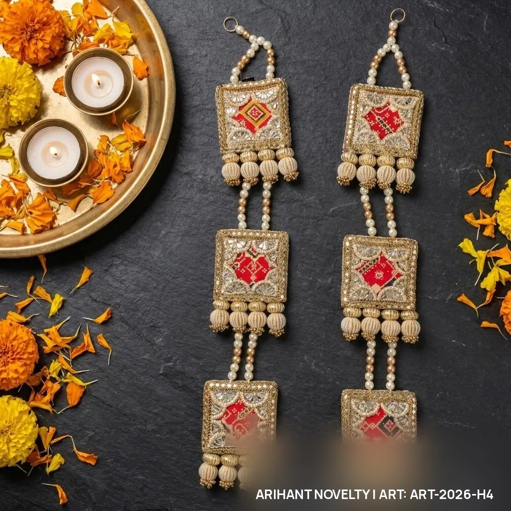 Reversible Three-Tier Square Medallion Hanging Pair – handmade Hangings rakhi from Bikaner by Arihant Novelty