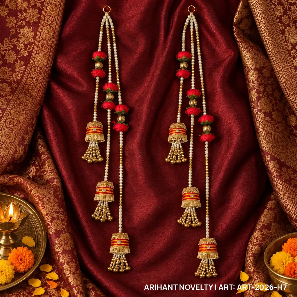 Red Rose Pearl Garland Hanging Pair – handmade Hangings rakhi from Bikaner by Arihant Novelty