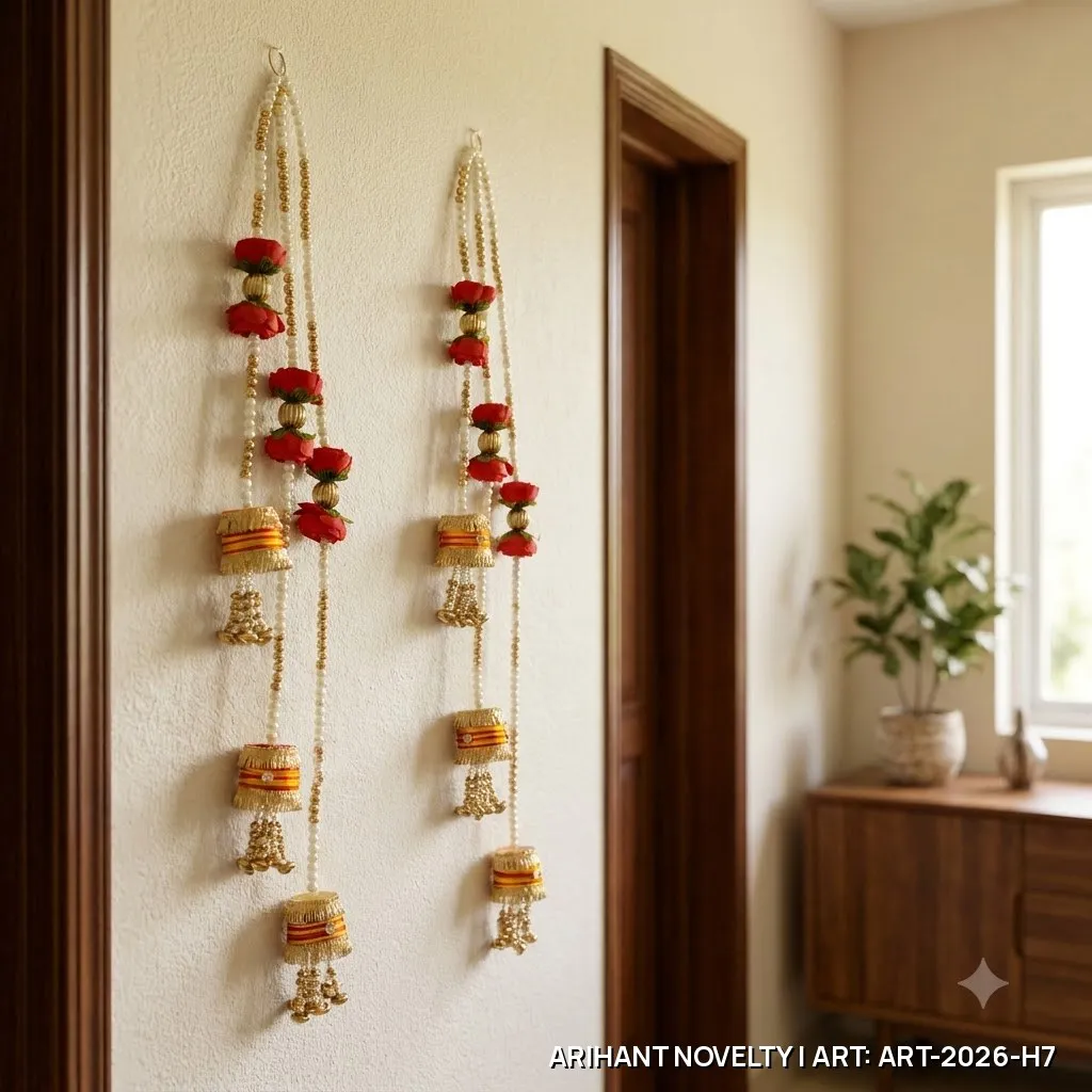 Red Rose Pearl Garland Hanging Pair – handmade Hangings rakhi from Bikaner by Arihant Novelty